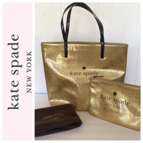 KATE SPADE HOLIDAY DRIVE GOLD GLITTER TOTE AND MATCHING POUCH - Picture 3 of 16